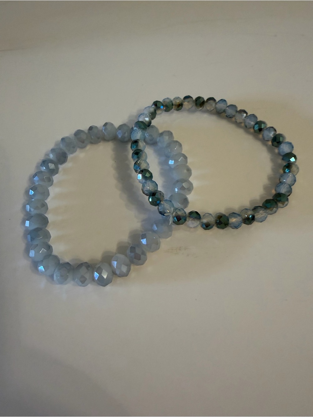 Faceted Glass Bead Stretch Bracelet Set - Light Blue & Iridescent Blue-Green